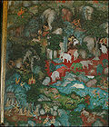 Painting with several Thai mythological beings on Mount Meru, Wat Suthat, Bangkok